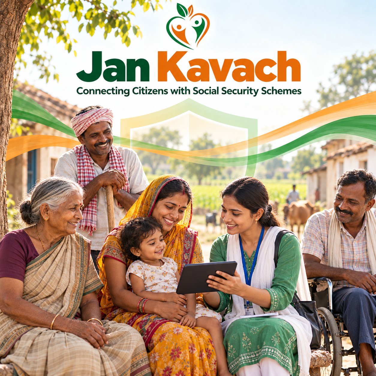 Jan Kavach &mdash; Connecting Citizens with Social Security Schemes. A field worker shows a tablet to a rural family gathered outside their home.